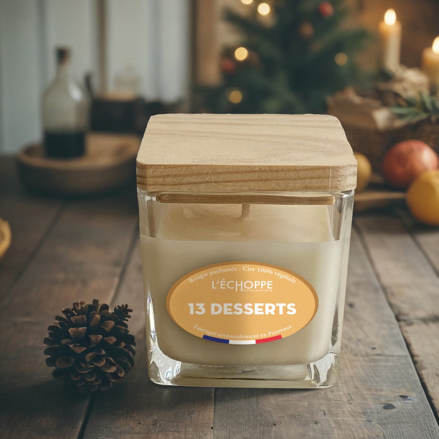 Scented candle "13 Desserts" square jar with wooden lid 190g