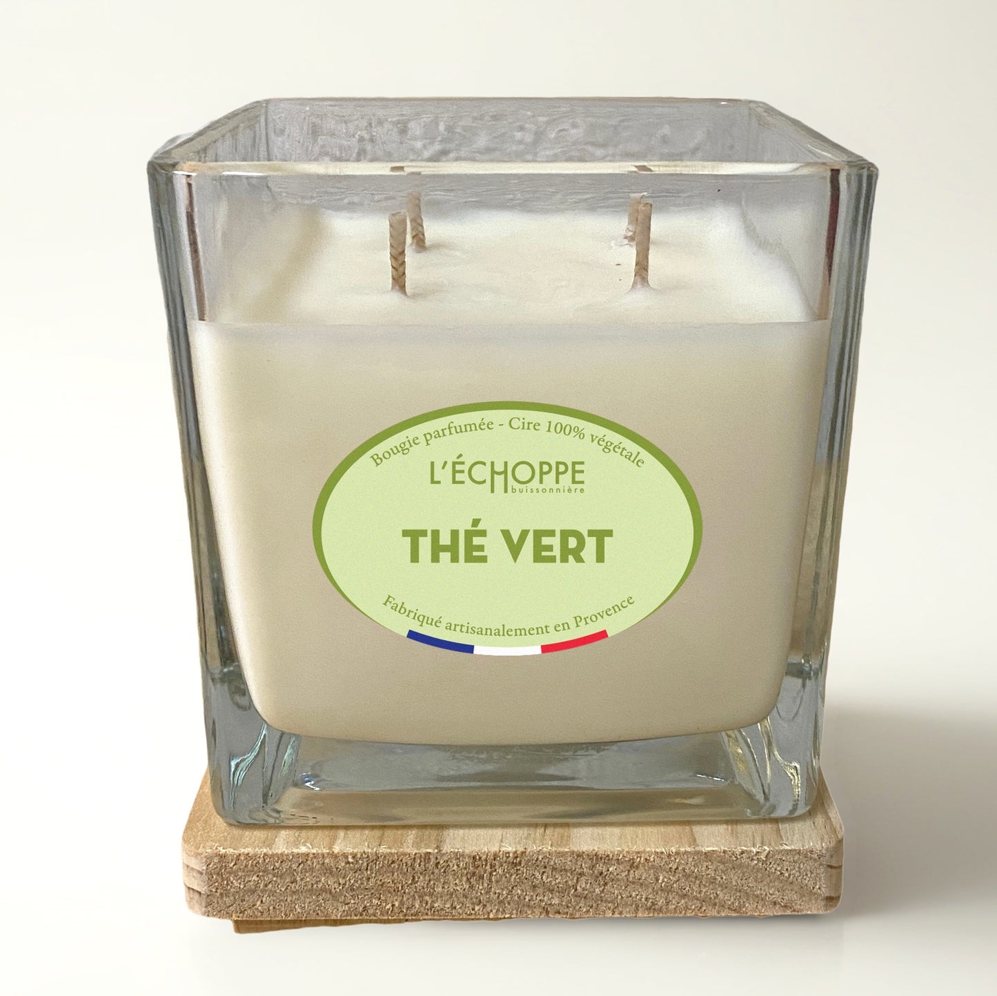 Bougie 4 mèches parfumée "Thé Vert" couvercle bois 400g