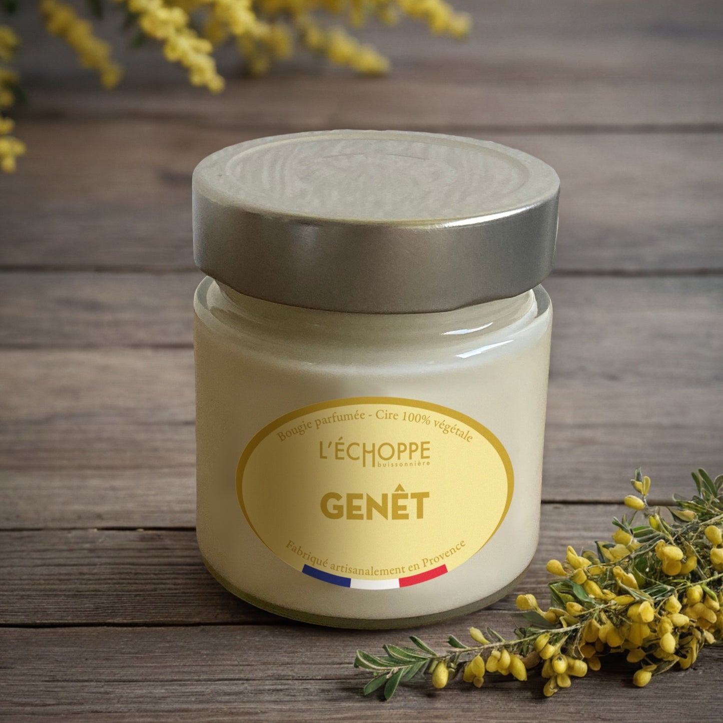 Bougie parfumée "Genêt" pot rond couvercle métal 180g