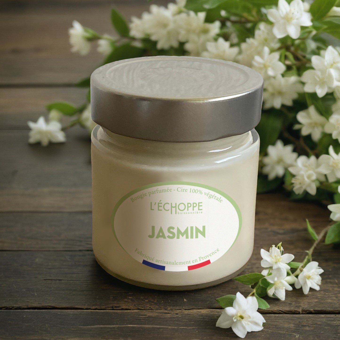 Bougie parfumée "Jasmin" pot rond couvercle métal 180g