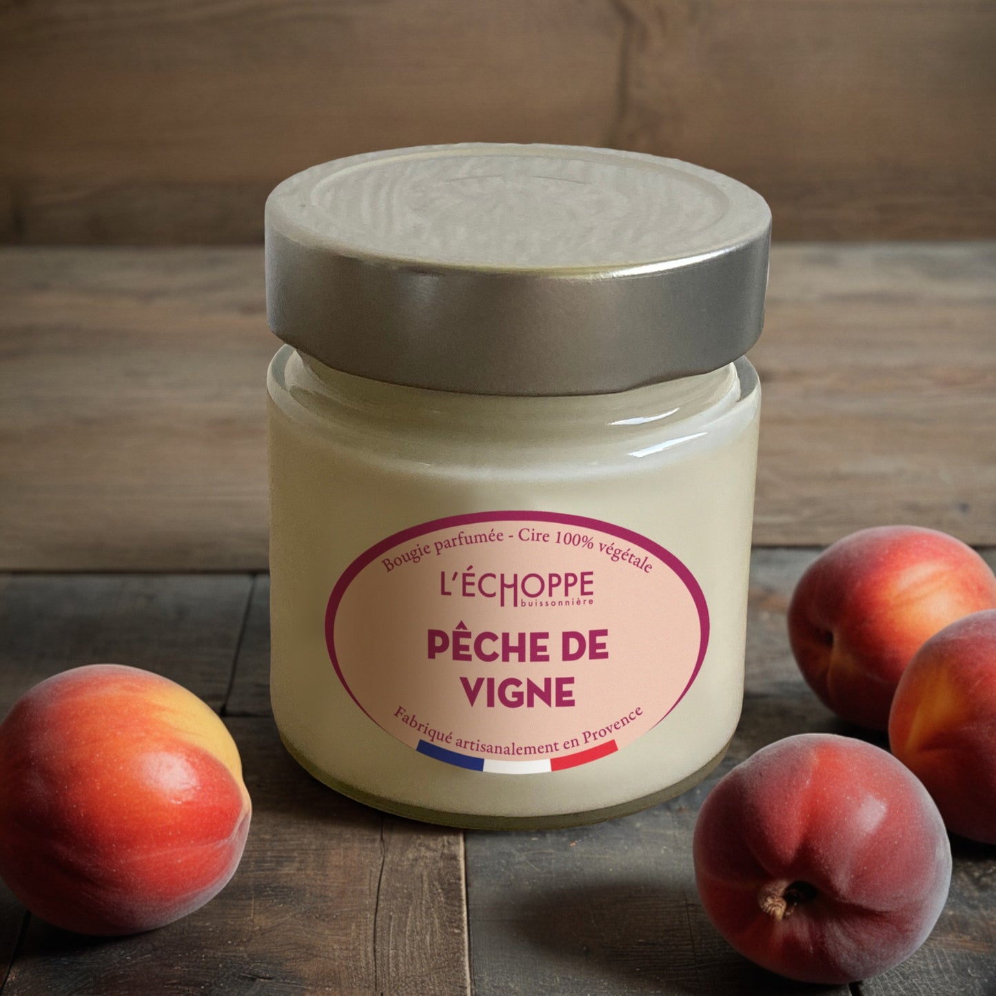Bougie parfumée "Pêche de Vigne" pot rond couvercle métal 180g