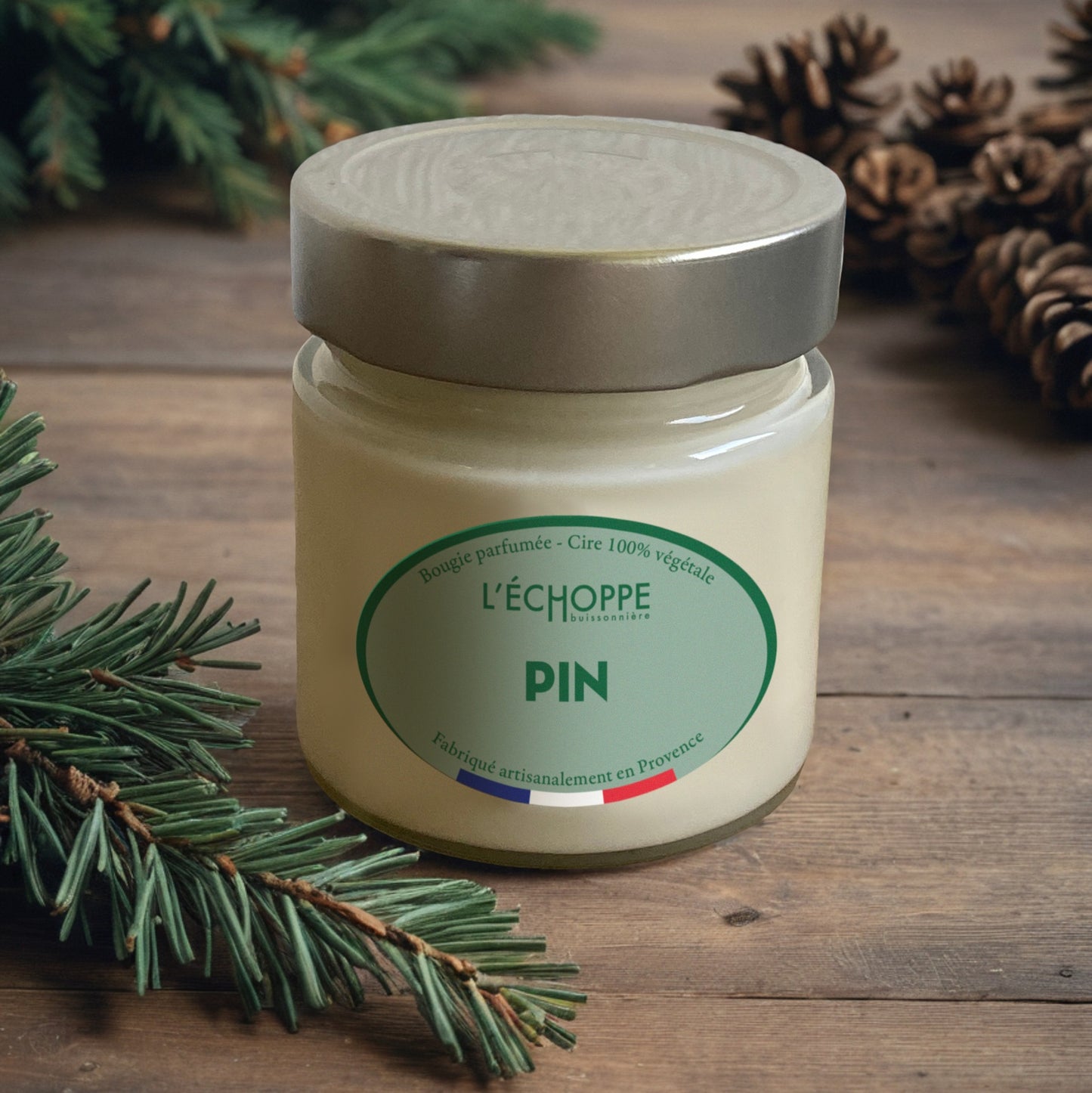 Bougie parfumée "Pin" pot rond couvercle métal 180g
