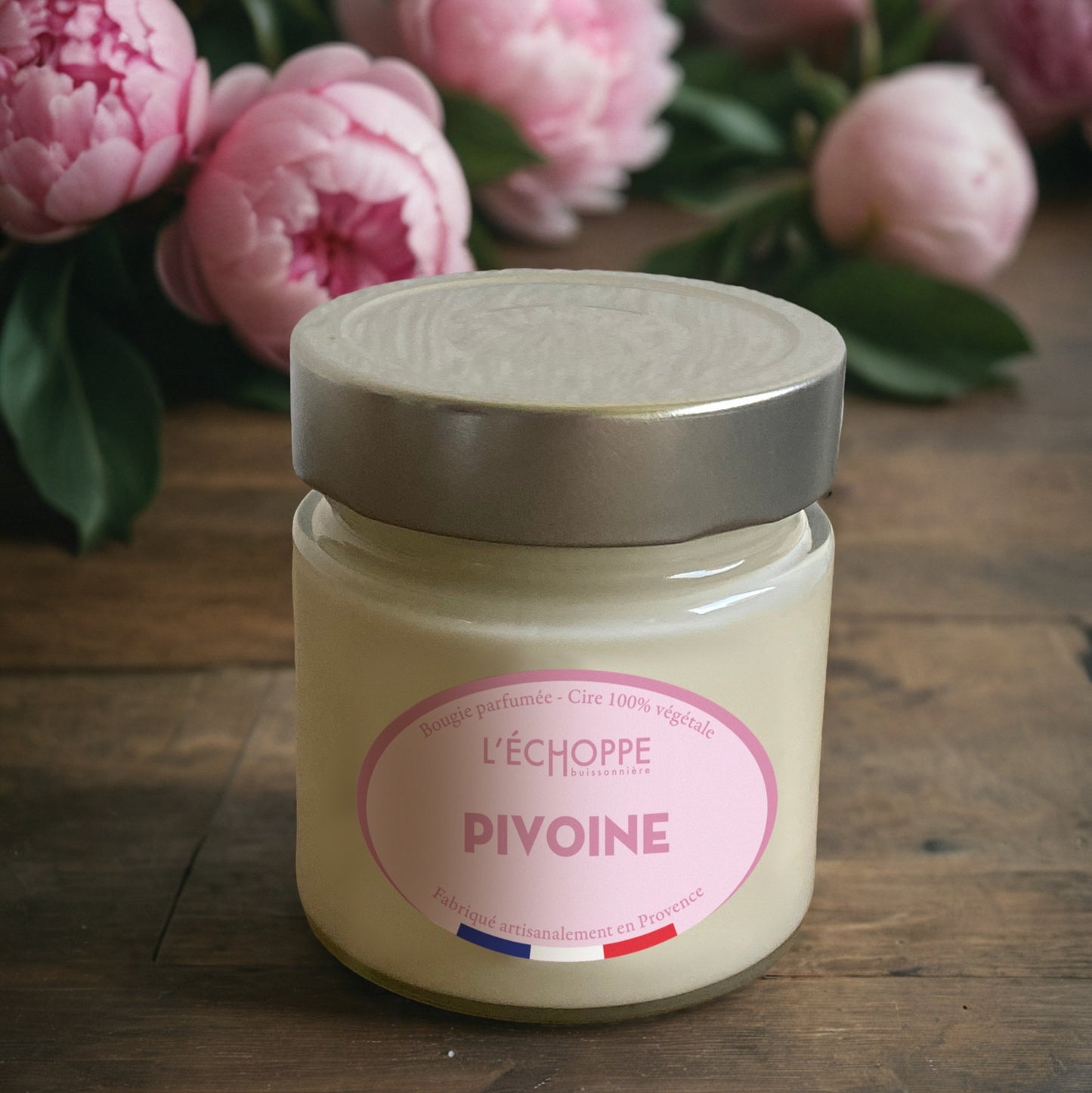 Bougie parfumée "Pivoine" pot rond couvercle métal 180g