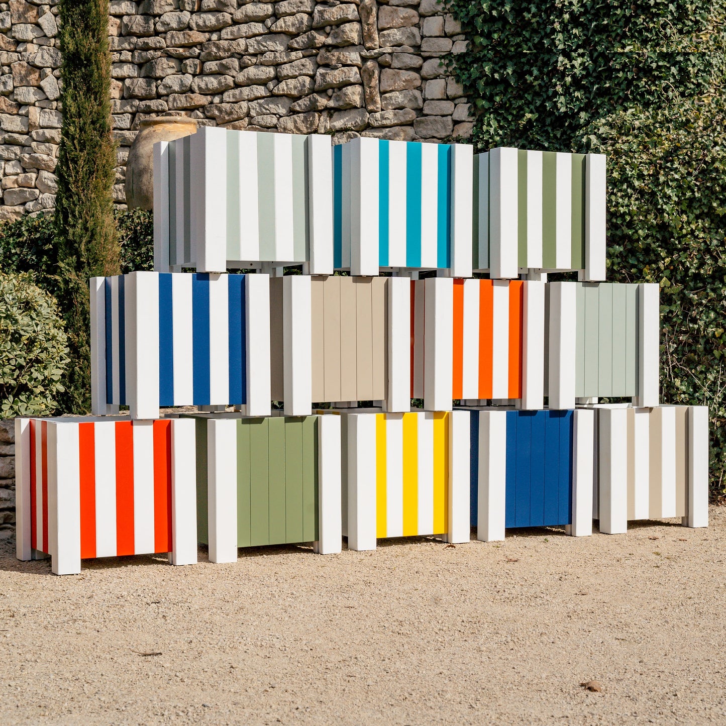 Lot de 2 Jardinières en bois bayadère Vert Marais & Blanc