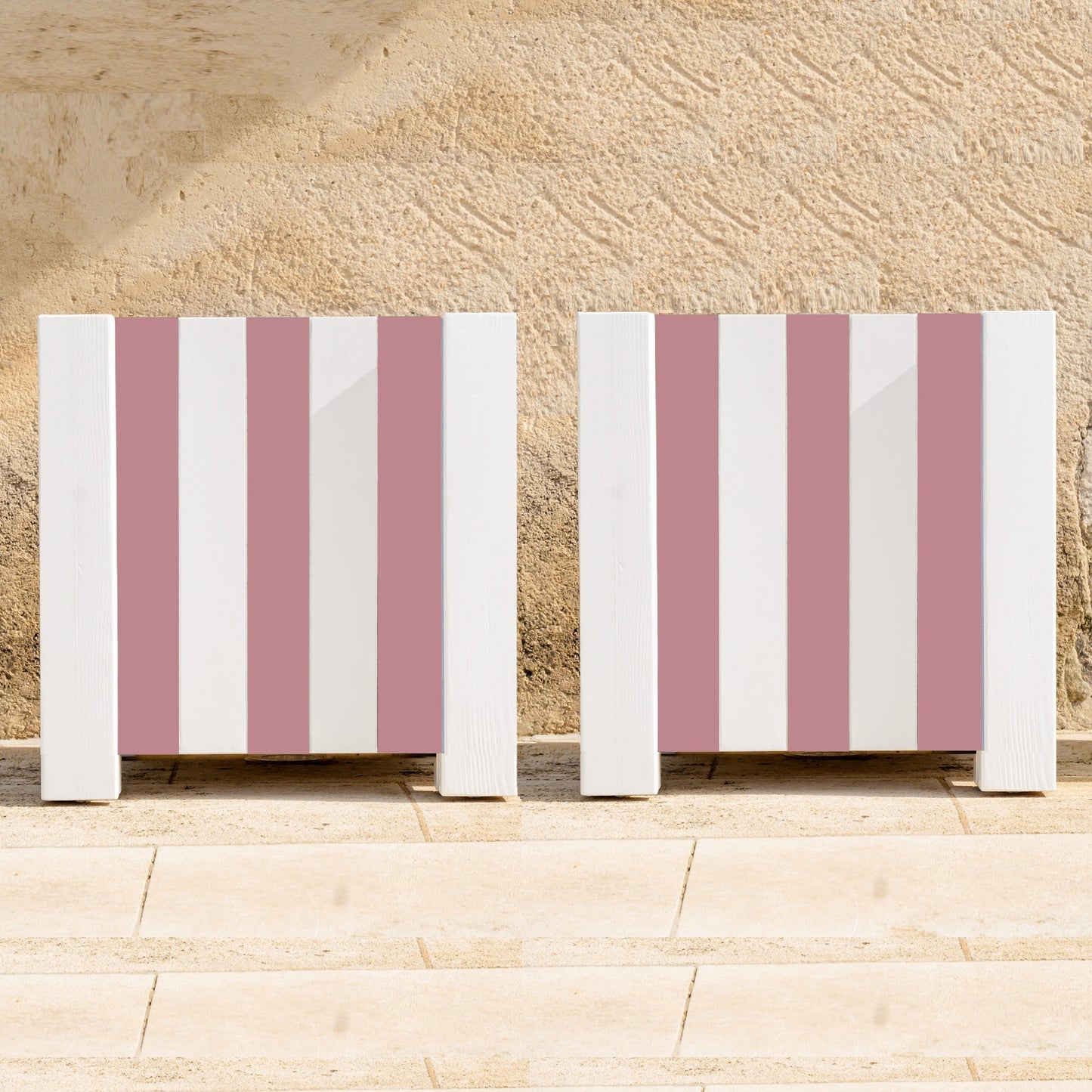 Lot de 2 Jardinières en bois bayadère Vieux Rose & Blanc