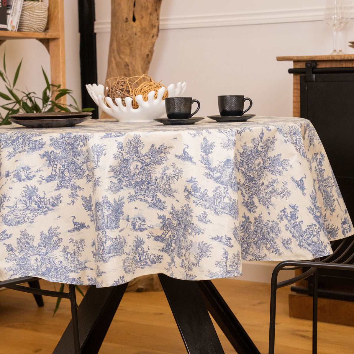 Nappe ronde enduite toile de jouy navy Ø150cm