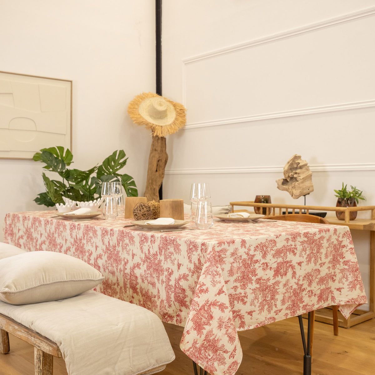 Nappe enduite toile de jouy rouge 300 X 150cm