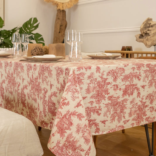 Nappe carrée enduite toile de jouy rouge 150 X 150cm