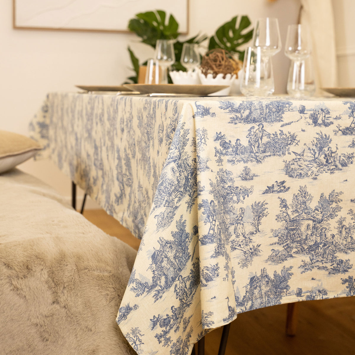 Nappe enduite toile de jouy bleu marine 200 X 150cm