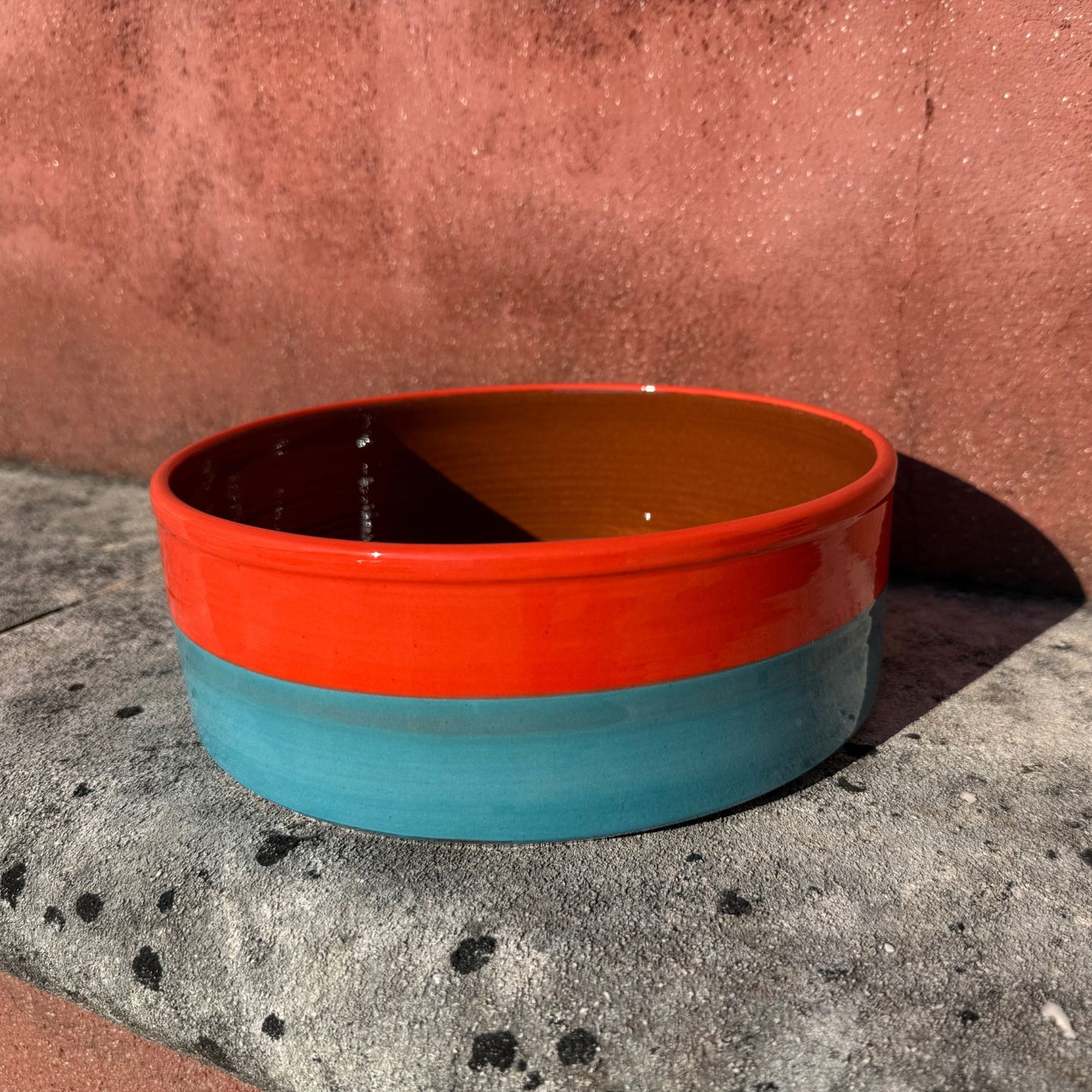 Grand plat rond céramique bicolore Orange/Turquoise Ø24cm