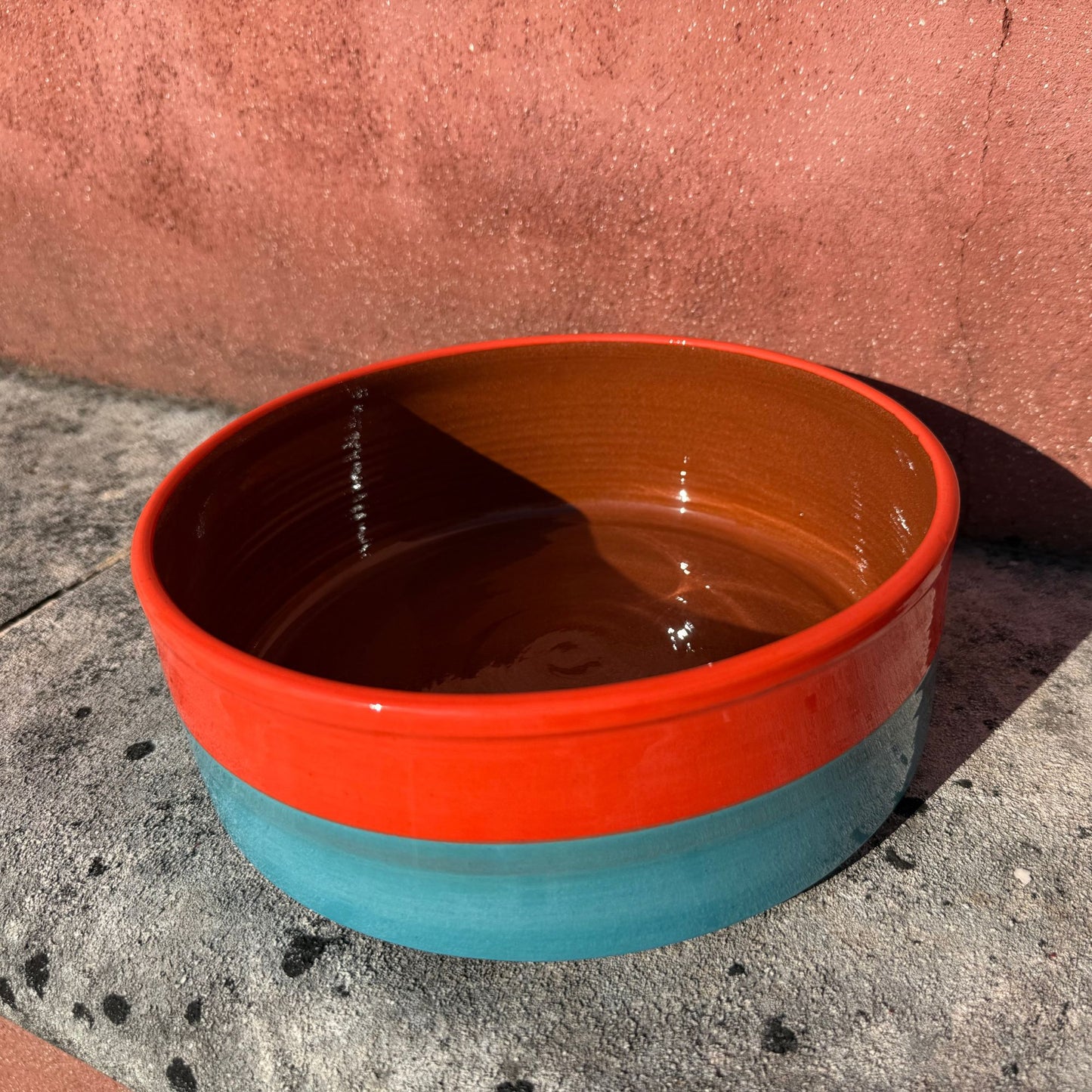 Grand plat rond céramique bicolore Orange/Turquoise Ø24cm