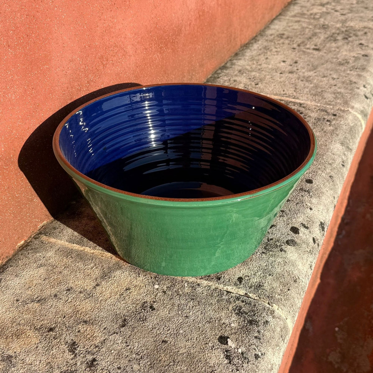 Grand saladier céramique bicolore Vert mousse/Bleu cobalt Ø28cm